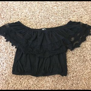 Off shoulder black lace crop top