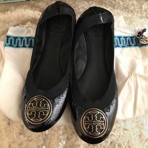 TB black patent leather flats / ballet slip ons