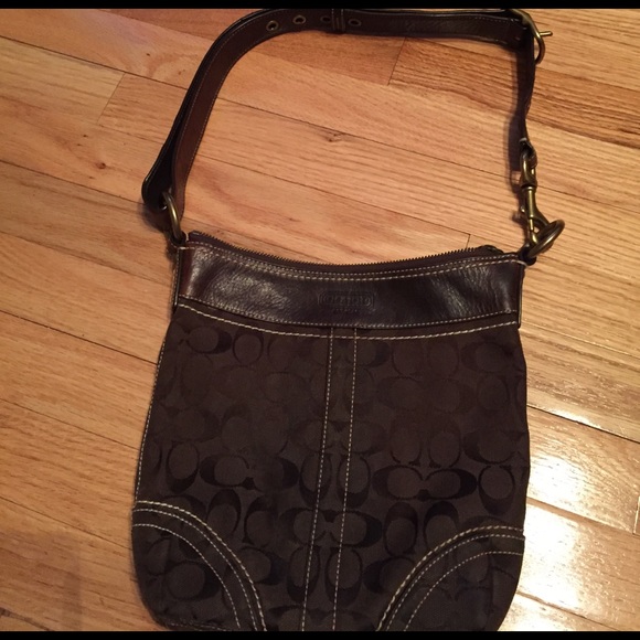 Authentic chocolate leather & cloth coach bag - Picture 1 of 3