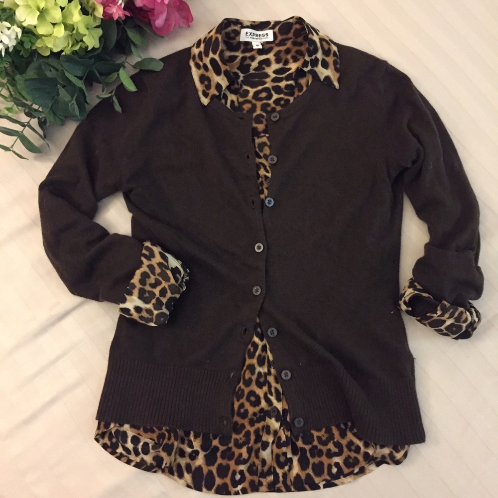 Express Leopard Print Camp Shirt Blouse