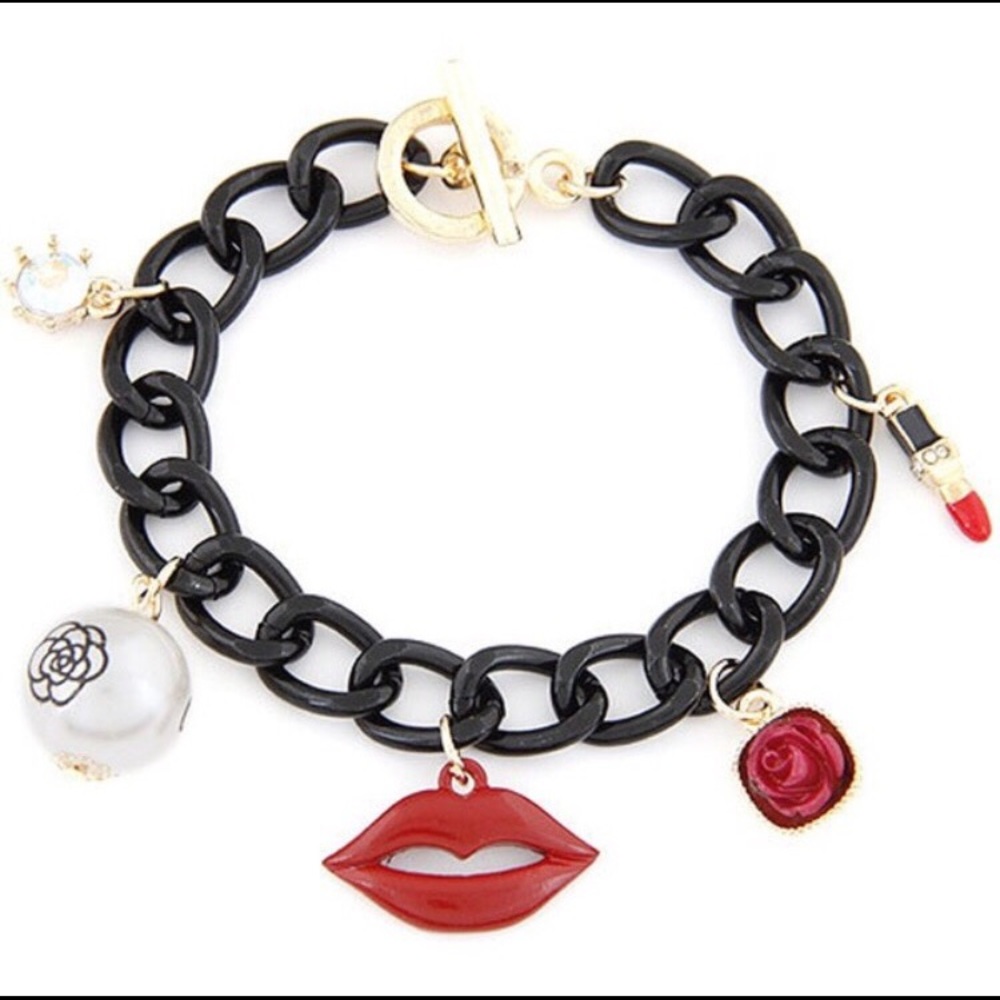💋Red Lips, Lipstick, Pearl, Rose Charm Bracelet