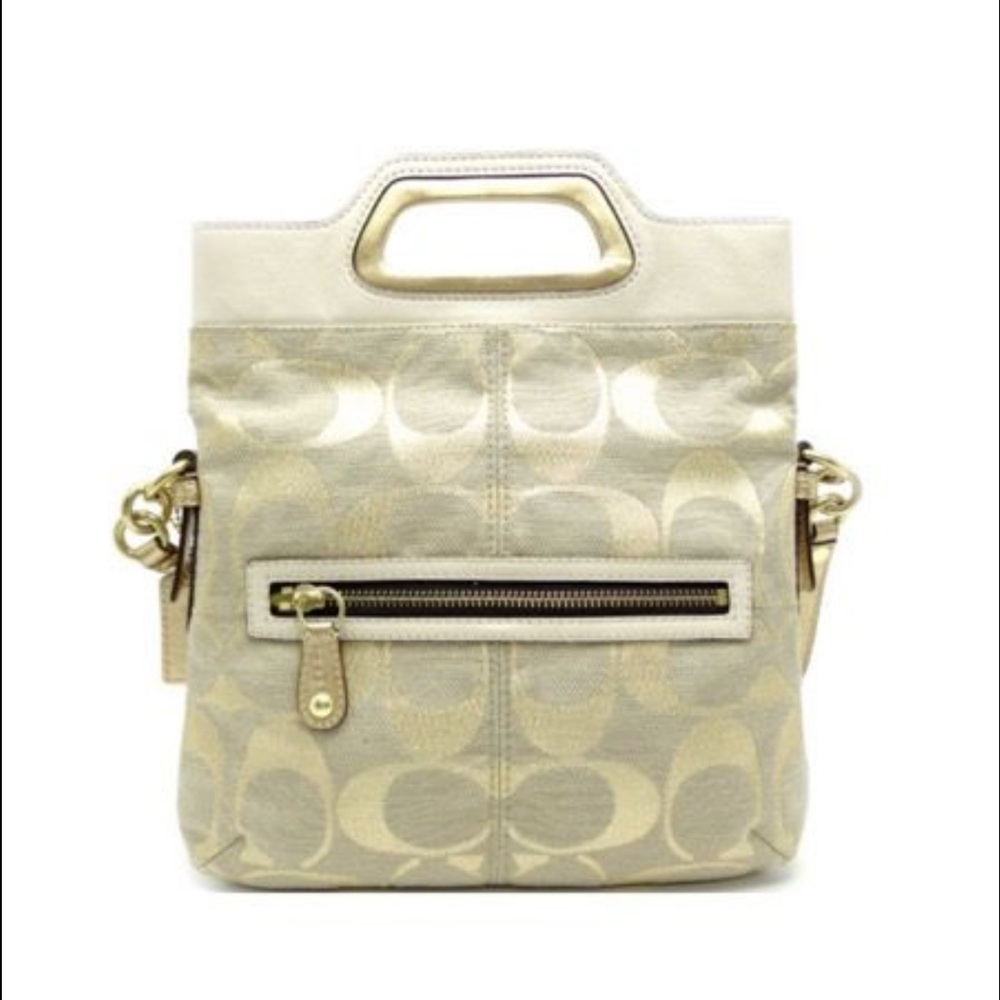 Auth Coach Gold Canvas Signature Shoulder Bag