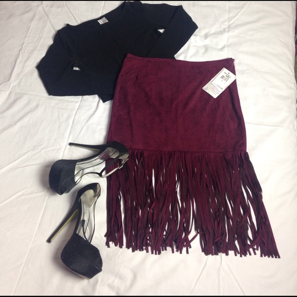 Dresses & Skirts - Maroon Faux Suede Fringe Skirt