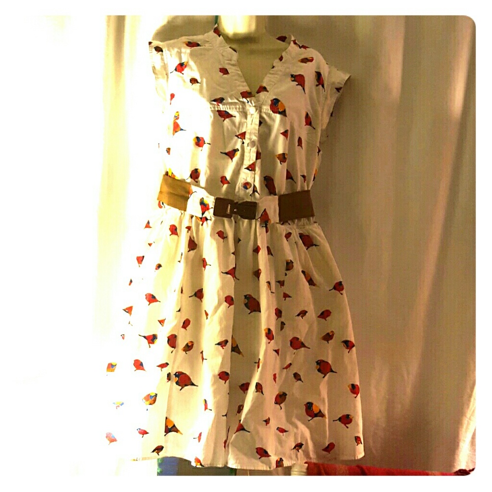 ESHAKTI 16W 1X  white cotton bird print dress