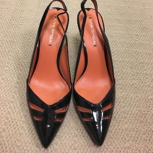 Via Spiga patent leather black sling back heels