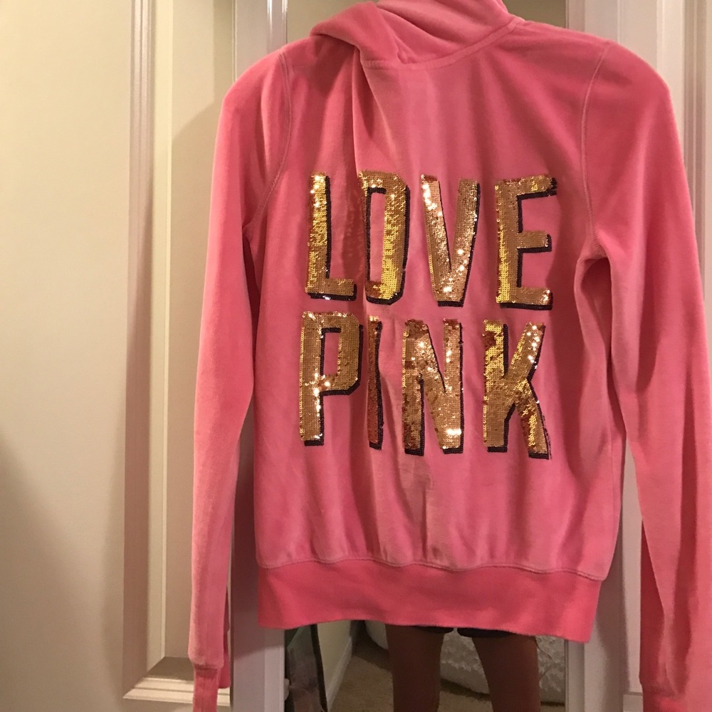 PINK sweater with gold sequin words
