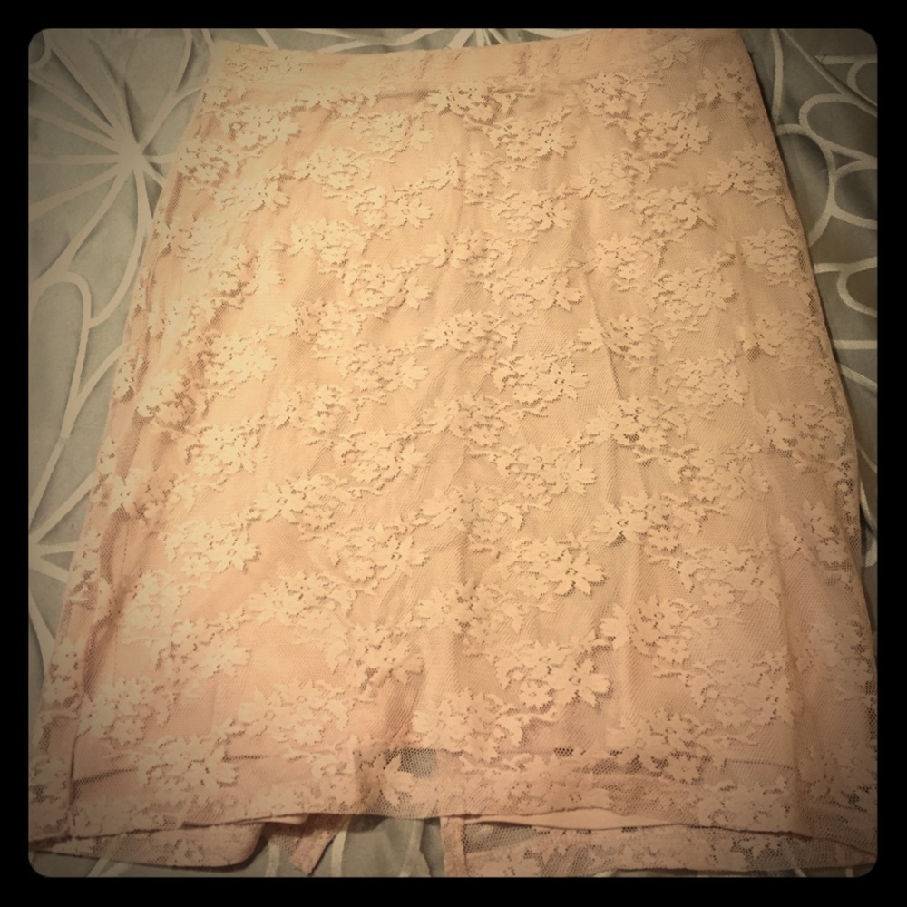 Soft light pink lace pencil skirt.