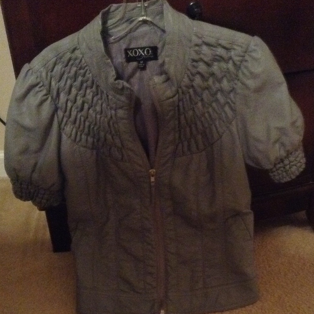 Gray short sleeve faux leather jacket