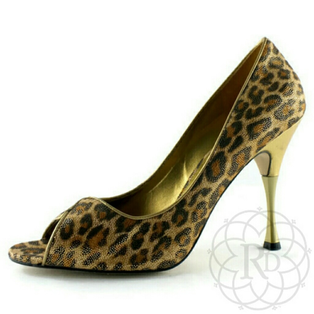 NEW Guess Marciano Gold Leopard Peep-toe Heels