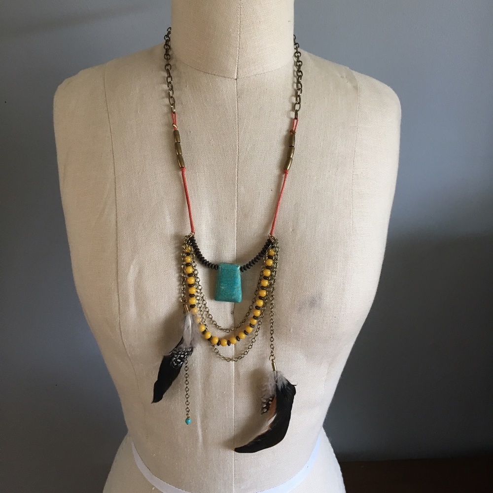 Free People long turquoise and feather necklace