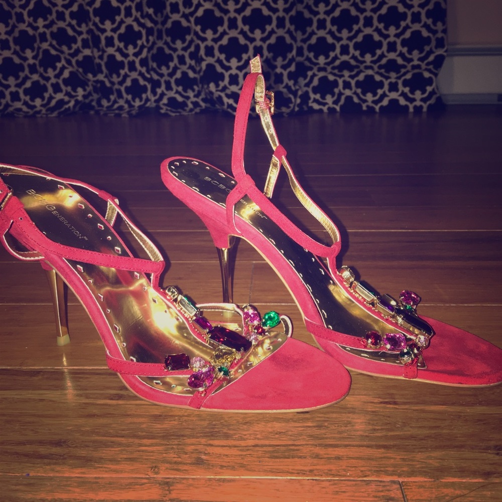 New bejeweled red suede and gold BCBG sandals SZ10