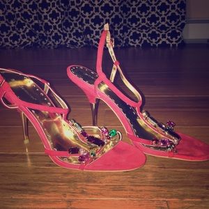 New bejeweled red suede and gold BCBG sandals SZ10