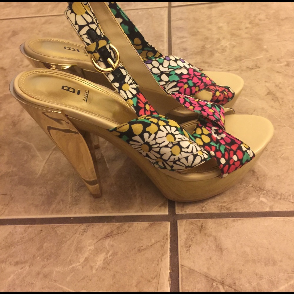 Bakers Floral Strappy Heels" with gold Heels.