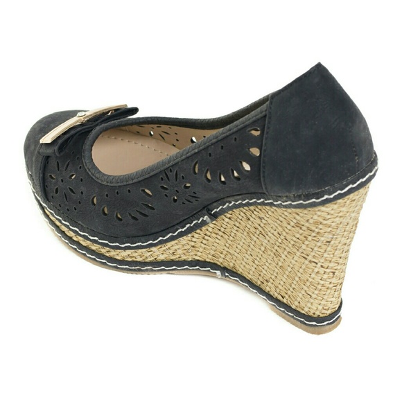 Women Wedge Espadrilles with Bow, HW-1677, Black - Picture 3 of 4
