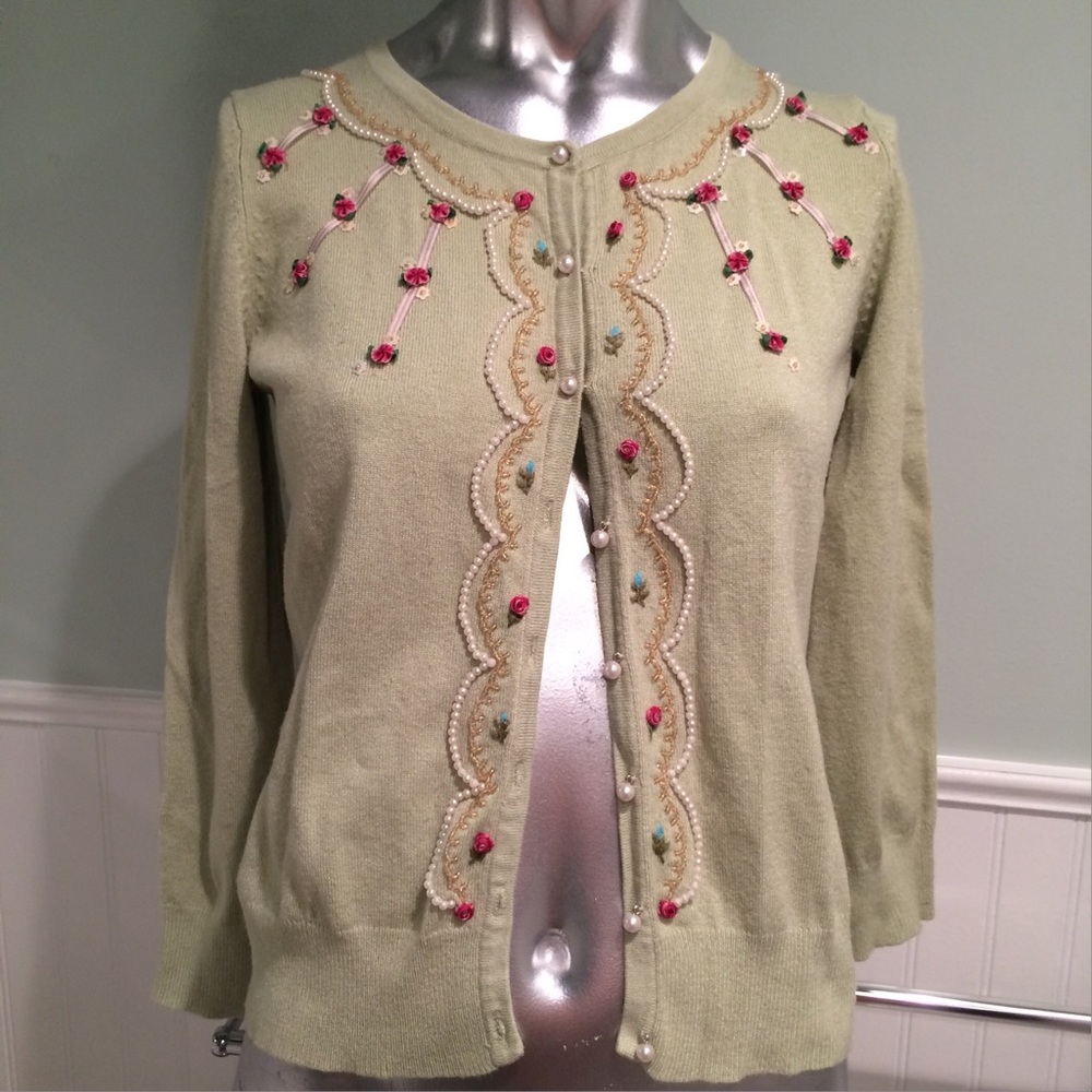 Anthropologie HWR green monogram cardigan sweater