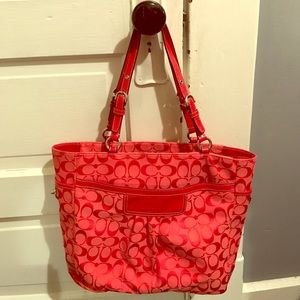 Coach Signature Pleated Canvas Tote - Coral/Red