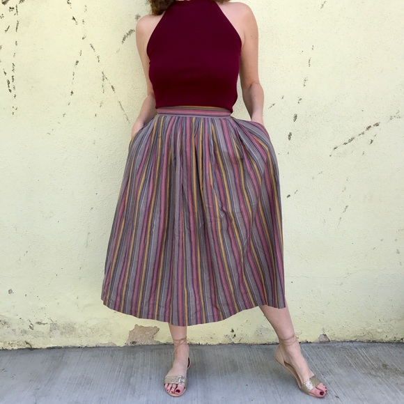 Vintage Dresses & Skirts - VINTAGE full SKIRT striped circle maxi pockets 4/S