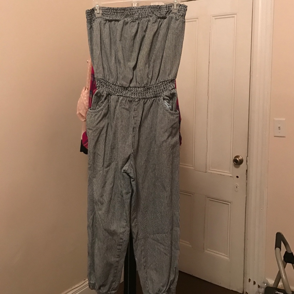 straples stripped denim jumpsuit