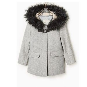 ZARA Grey Coat with (faux) Fur Lined Hood