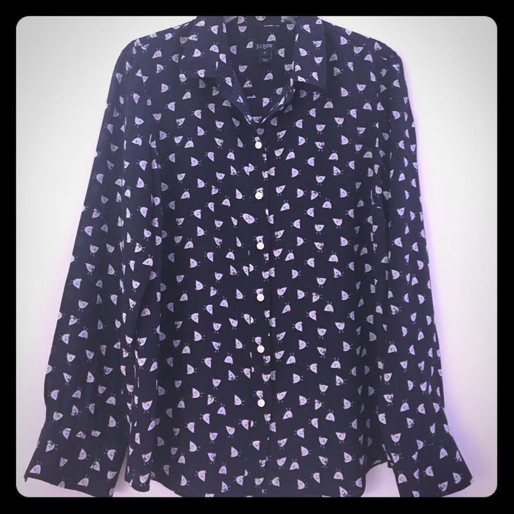 JCrew Factory patterned navy silk blouse size M