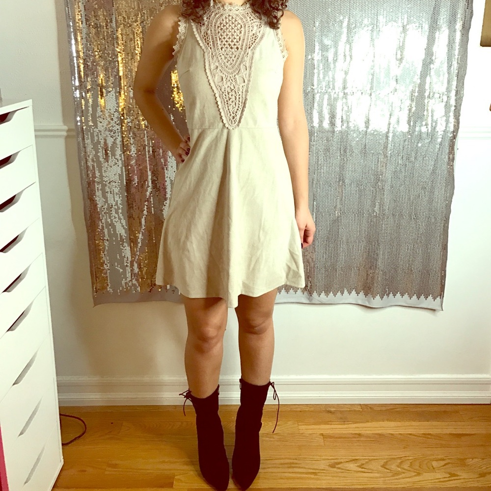 Crochet-Accented Suede Dress
