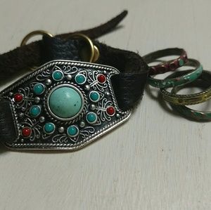 Lucky Brand Carved Leather Bracelet and Rings Set