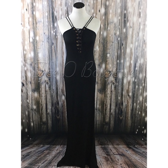 🎉CLEARANCE🎉 Black Lace-Up Side Slit Maxi Dress - Picture 2 of 4