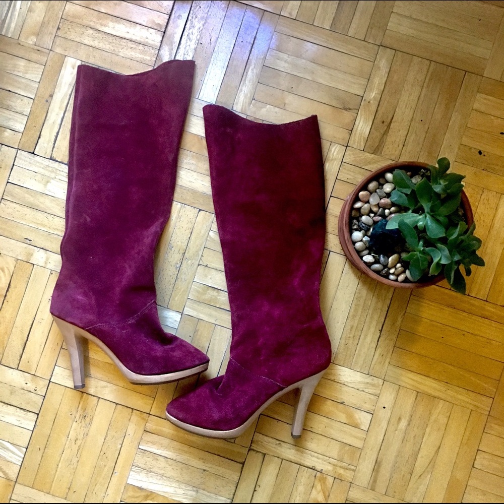 Vintage wine burgundy suede boots wood heel - Picture 1 of 1