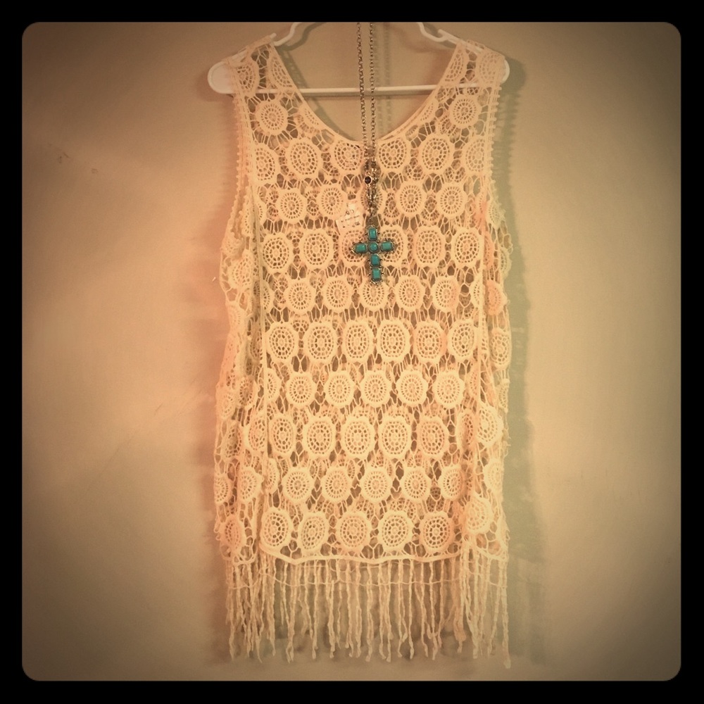 CROCHETED FRINGED CREAM LAYERING TUNIC, L