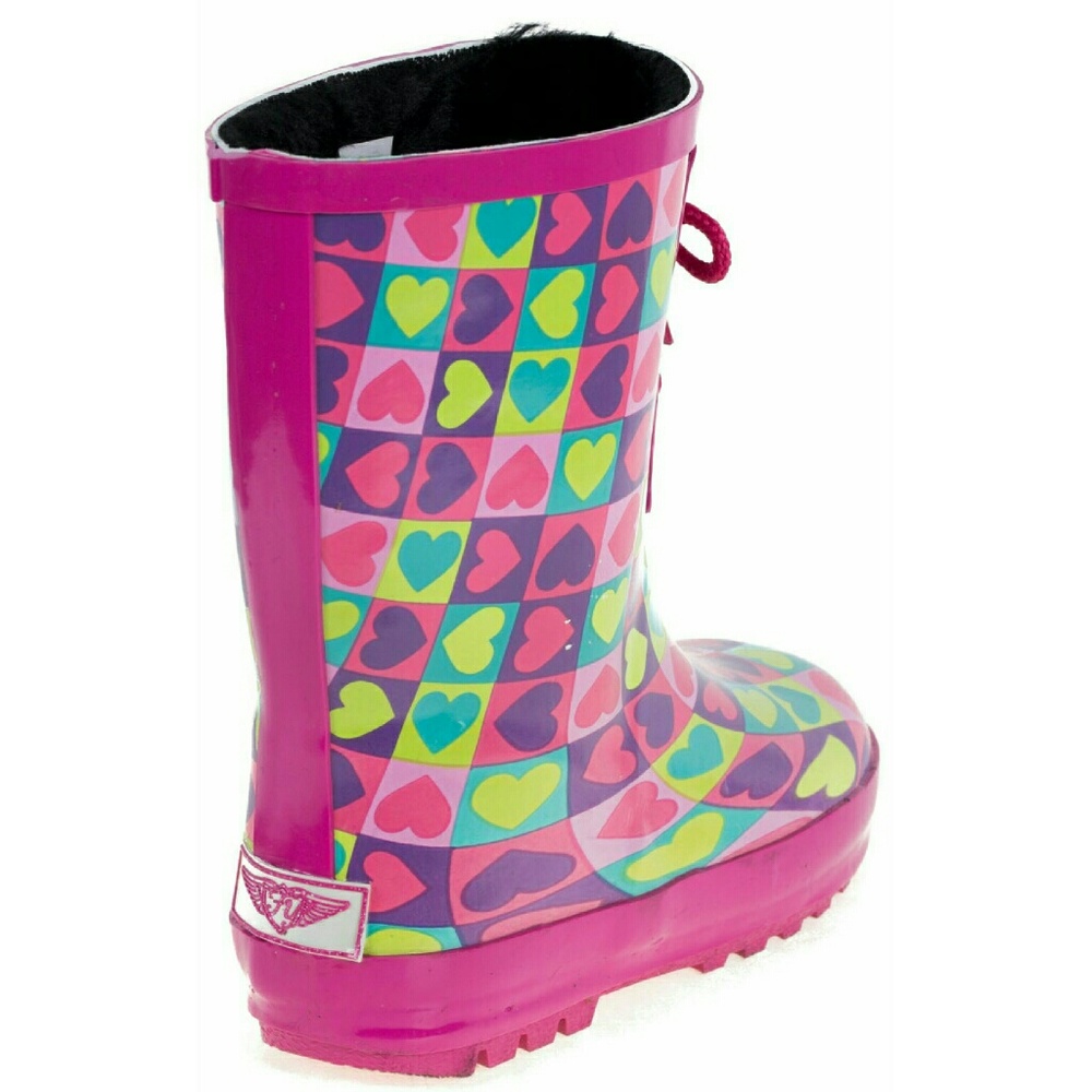 Kids Rainboots, Faux Fur Lined Girls Rain Boots, K-1550 Pink Hearts - Picture 3 of 4