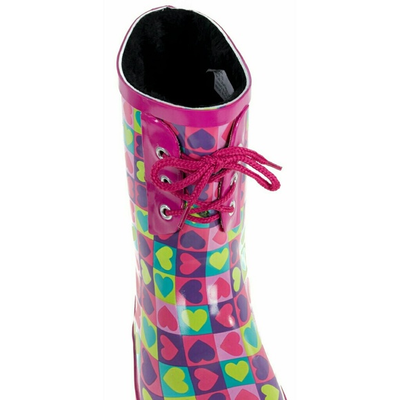 Kids Rainboots, Faux Fur Lined Girls Rain Boots, K-1550 Pink Hearts - Picture 2 of 4