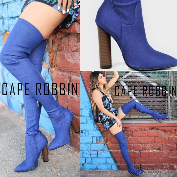 Denim Thigh High Over Block Heel Pointy Toe Boot - Picture 2 of 2