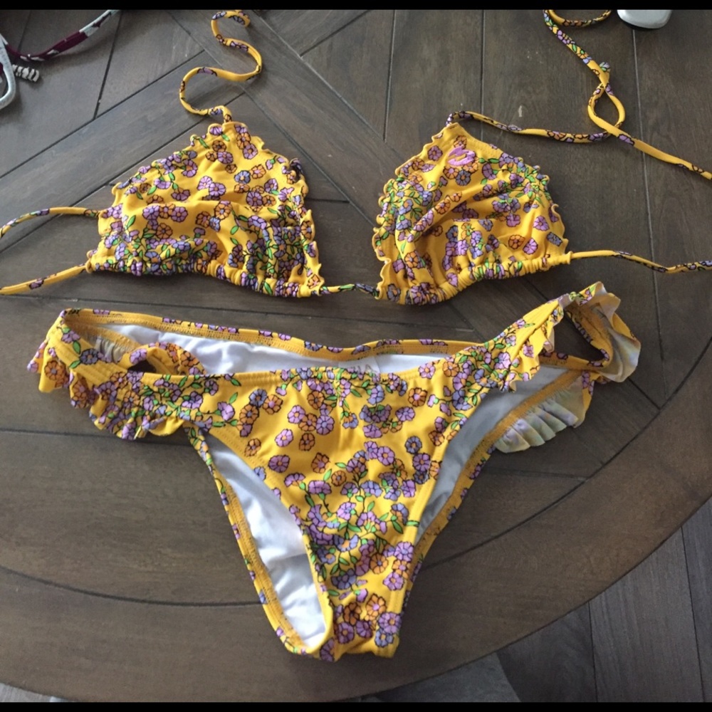 Billabong yellow with purple flowers bikini set