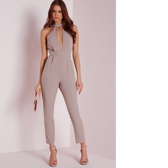 Missguided Pants - Missguided Choker Split Front Jumpsuit in Mushroom