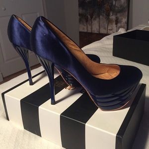LAMB blue satin platform stiletto pumps