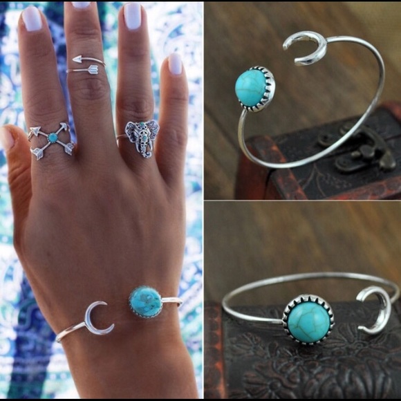 Turquoise Crescent Moon Silver Bangle - Picture 2 of 4
