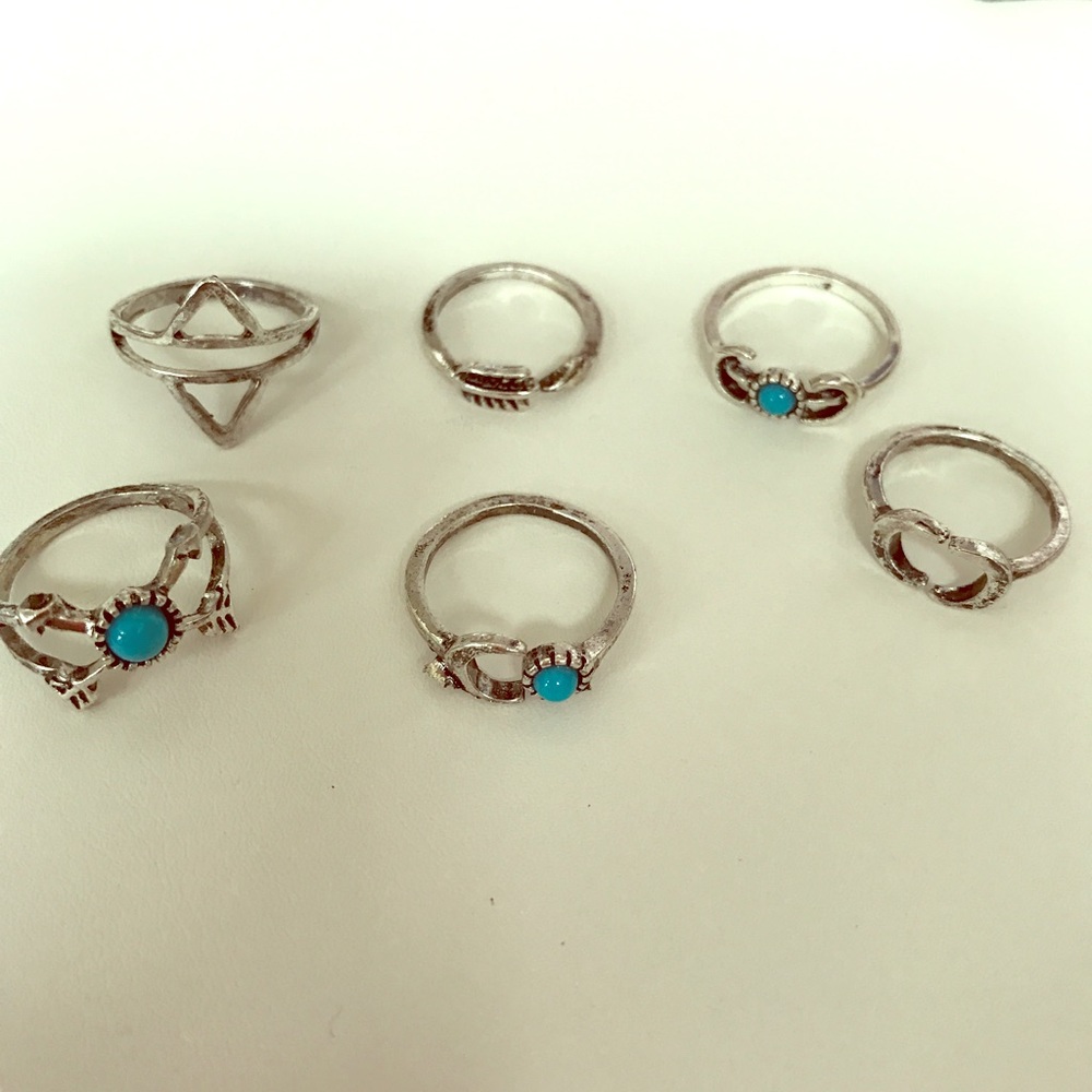 NEW! Boho Rustic Silver Turquoise 6 Ring Set - Picture 2 of 2