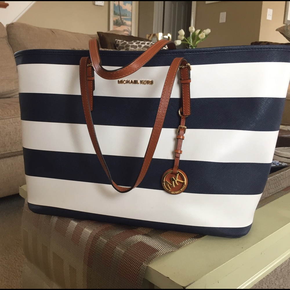 SALE Michael Kors Jet Set Navy Striped EW Tote