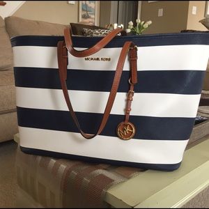 SALE Michael Kors Jet Set Navy Striped EW Tote