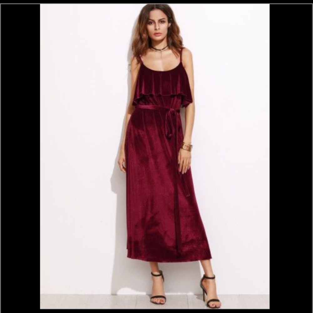 Burgundy Belted Ruffle Velvet Cami Dress