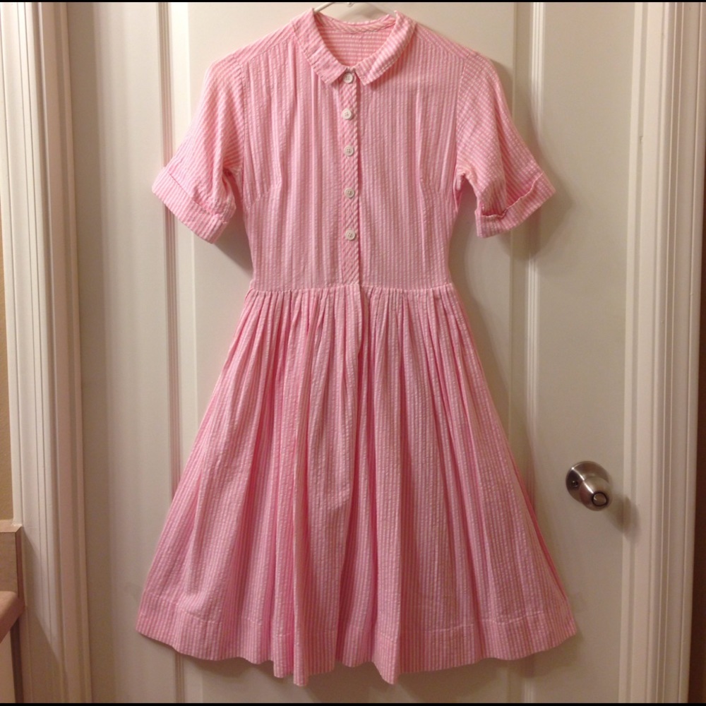 Vintage pink seersucker shirt dress