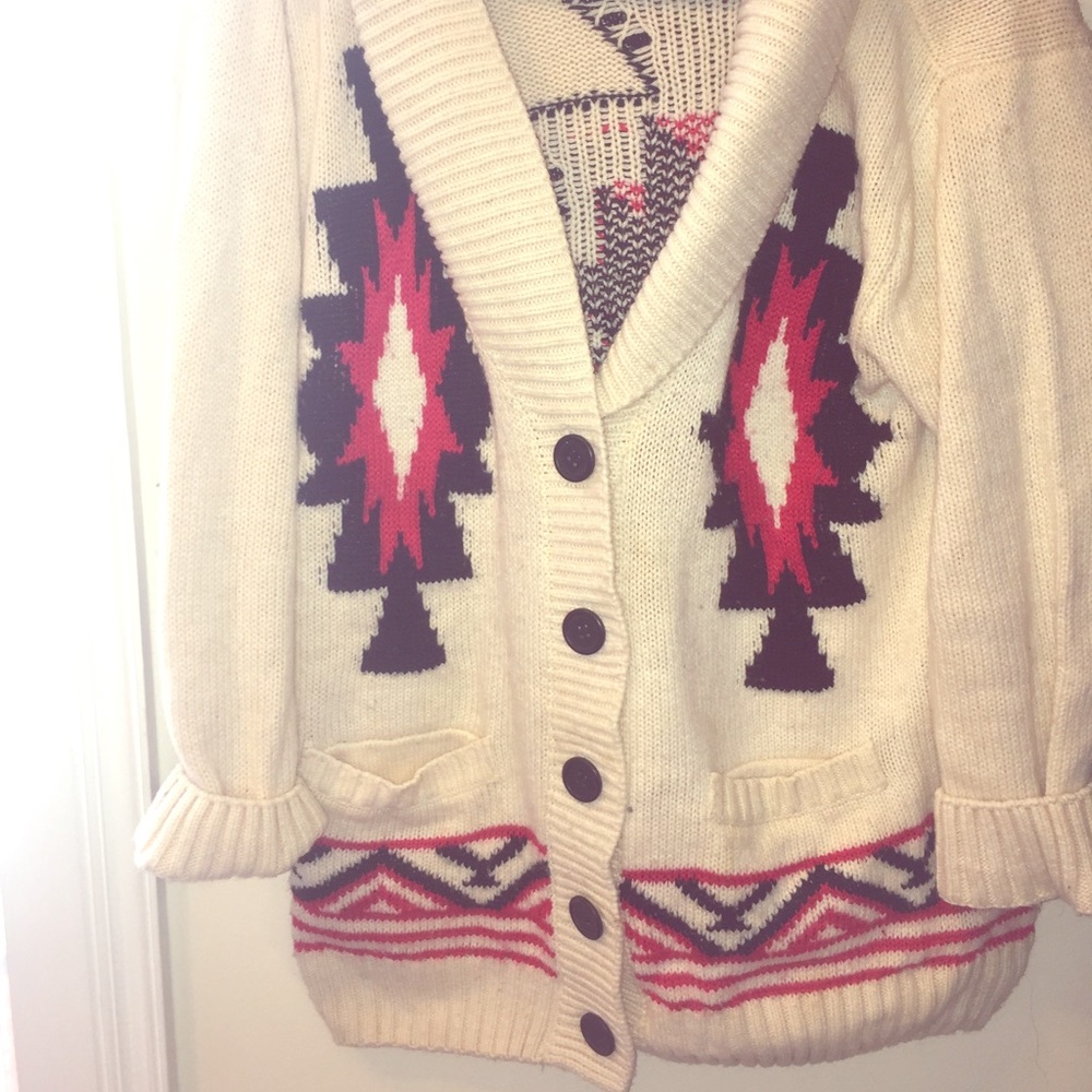 Aztec ribbed cowl-neck button-up sweater