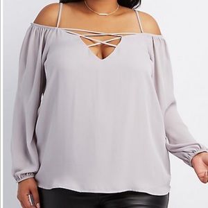 Plus Size Open Shoulder Light Grey Chiffon Blouse