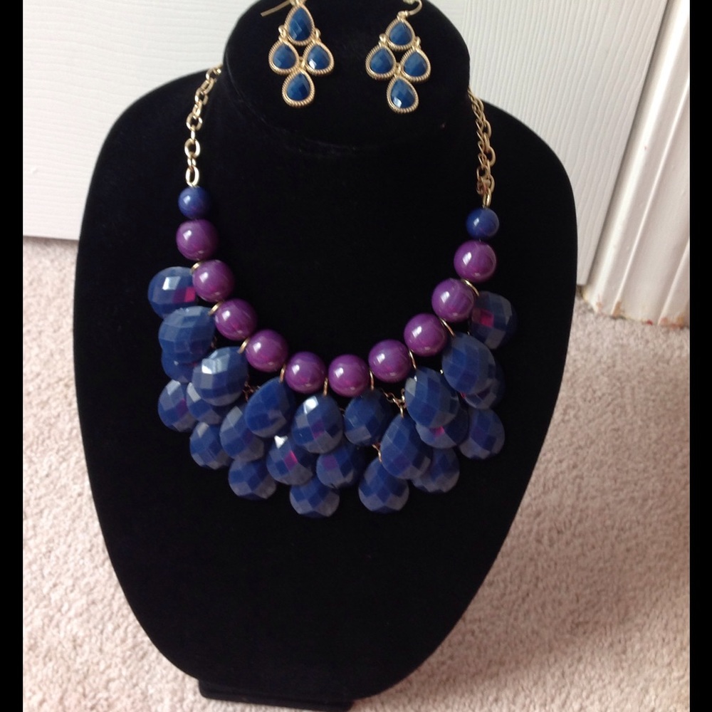Navy Blue and Purple Teardrop and Round Necklace
