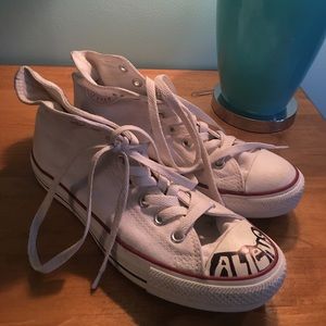 Custom white high top converse, size 9.