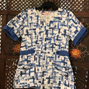 Blue and white scrub top