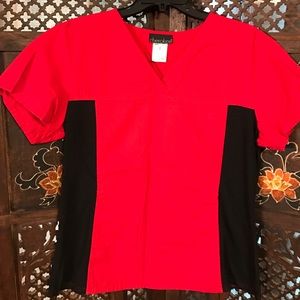 Red and black scrub top