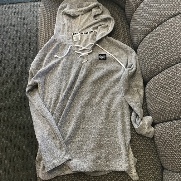 PINK Victoria's Secret Tops - PINK gray hoodie with tie detail