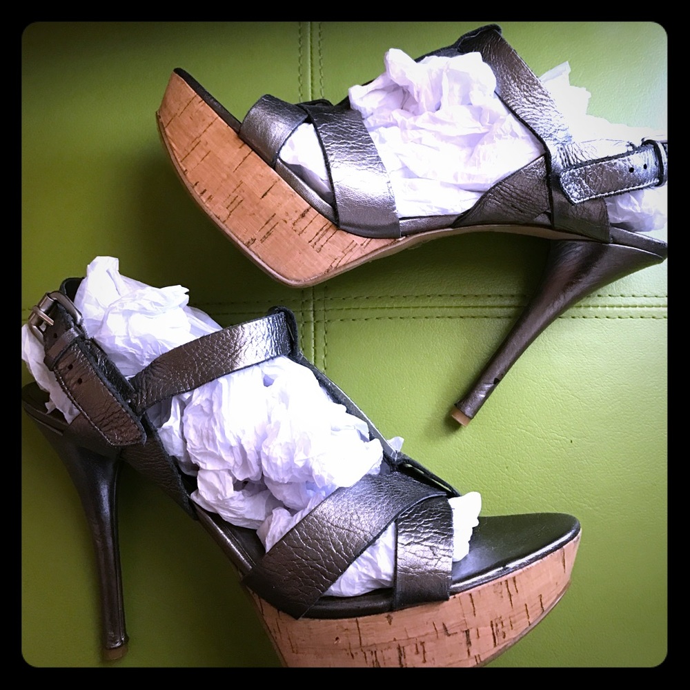 Nine West Silver Leather Sandal with Cork Wedge