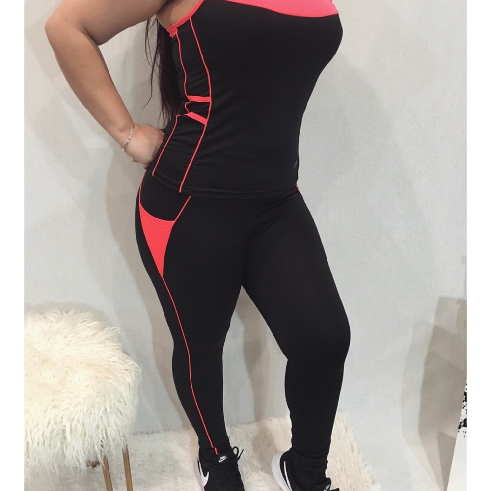 Neon coral black yoga leggings